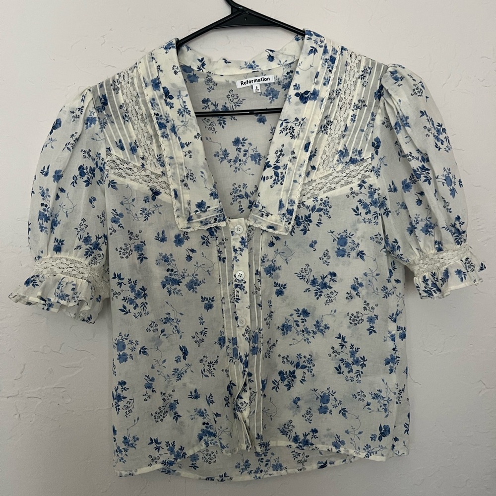 Reformation Blue Floral Blouse